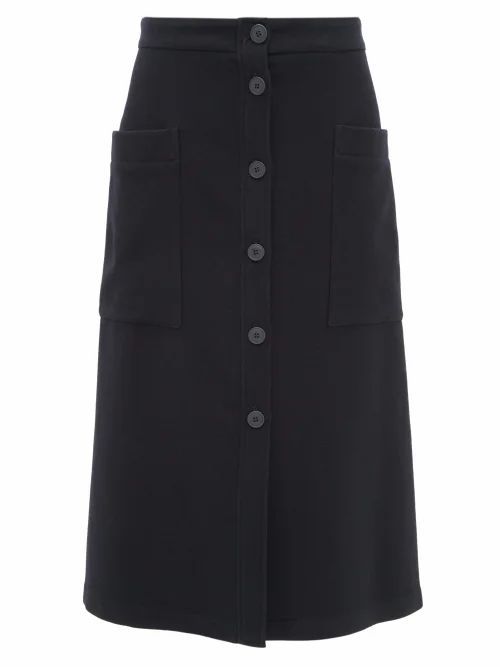 Raey - Button-through A-line Wool-blend Midi Skirt - Womens - Navy
