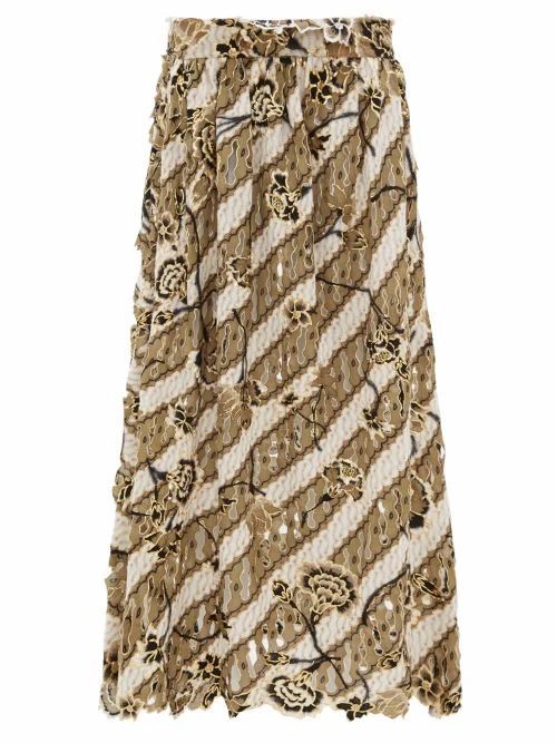 Edward Crutchley - Laser-cut Metallic Floral-print Wool Midi Skirt - Womens - Brown Multi
