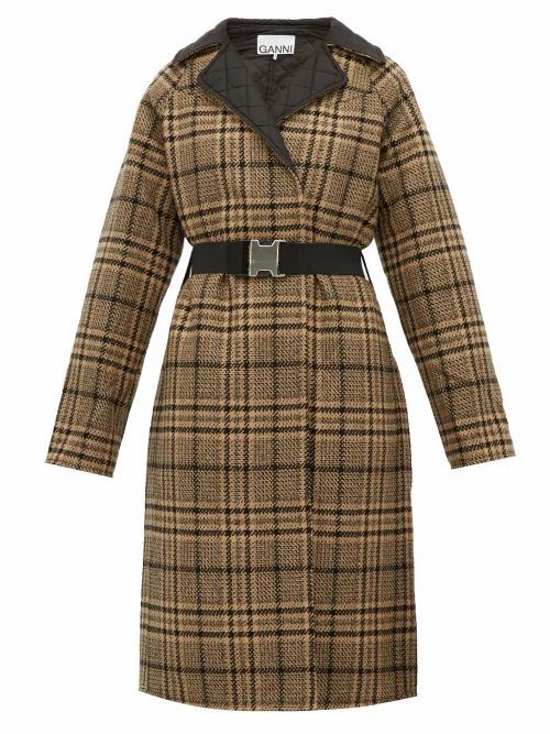 Ganni - Belted Checked Wool-blend Coat - Womens - Black Brown