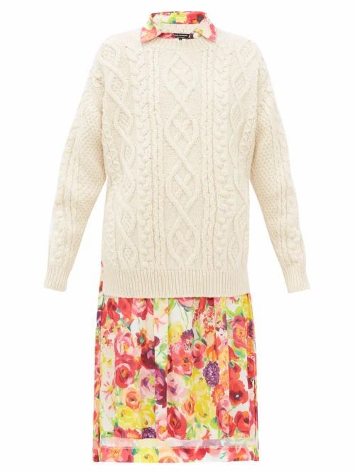 Junya Watanabe - Cable-knit Wool And Floral-print Crepe Dress - Womens - Cream Multi