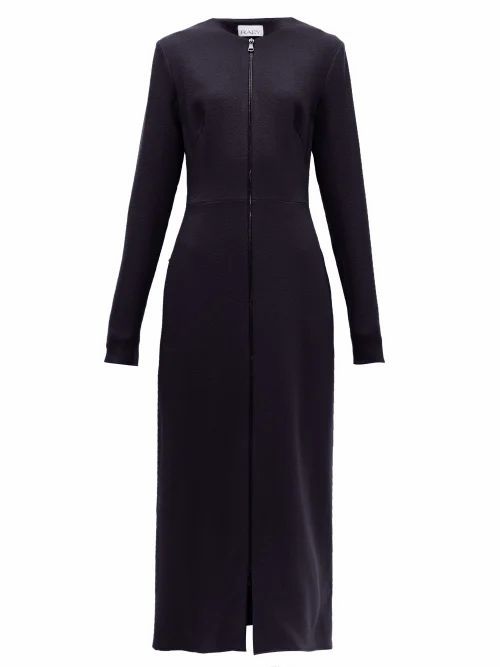 Zip-front Wool-crepe Midi Dress - Womens - Navy