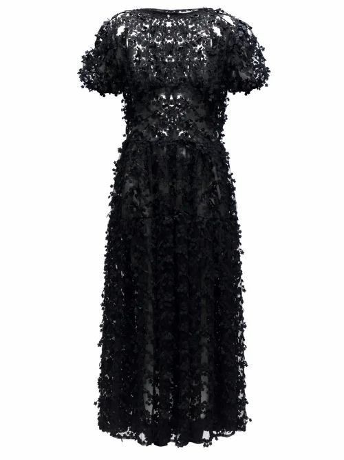 Cecilie Bahnsen - Tia Floral-appliqué Tulle Midi Dress - Womens - Black