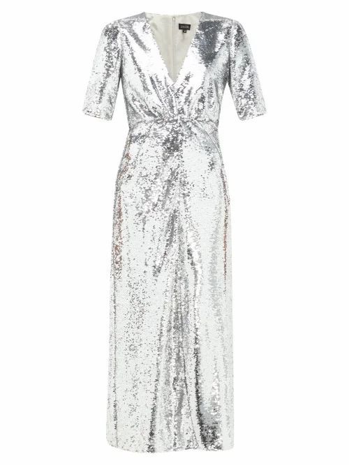 Saloni - Eden V-neck Sequinned Dress - Womens - Silver