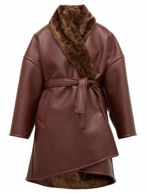 Balenciaga - Oversized Faux-fur And Faux-leather Wrap Coat - Womens - Burgundy