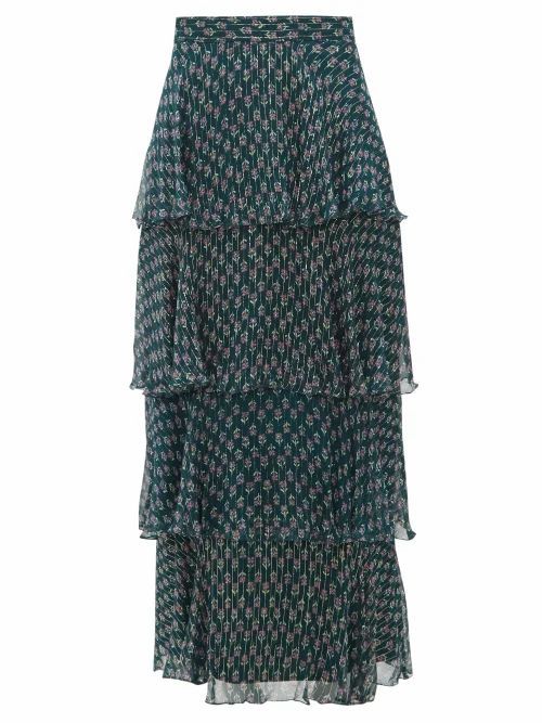 Beulah - Kashish Tiered Floral-print Midi Skirt - Womens - Green Multi