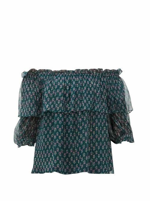 Beulah - Ridhi Off-the-shoulder Floral-print Chiffon Top - Womens - Green Multi