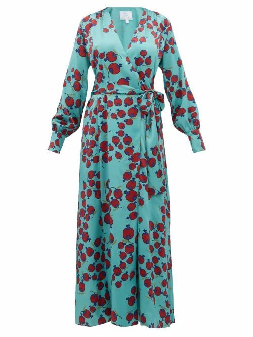 Rebecca De Ravenel - Claire Pomegranate-print Silk-satin Wrap Dress - Womens - Blue Multi
