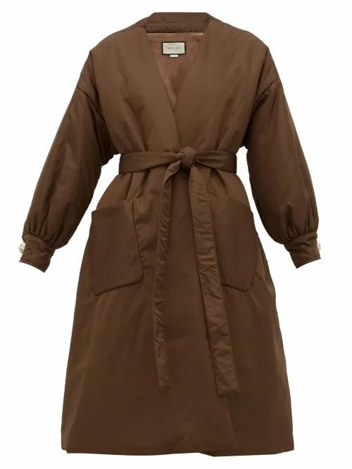 Gucci - Belted Padded Silk-satin Coat - Womens - Brown