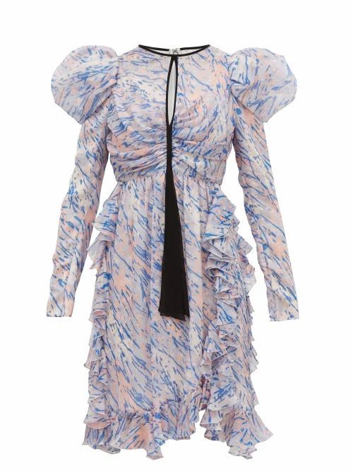 Giambattista Valli - Watercolour-print Puff-sleeve Silk Mini Dress - Womens - Blue Multi