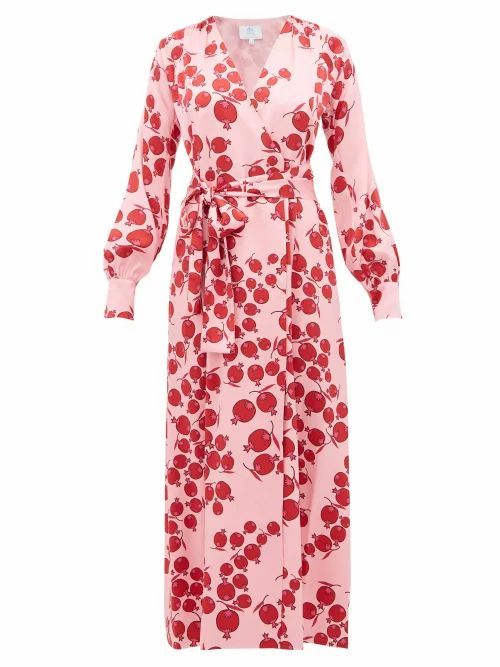 Rebecca De Ravenel - Claire Pomegranate-print Silk-satin Wrap Dress - Womens - Pink Multi