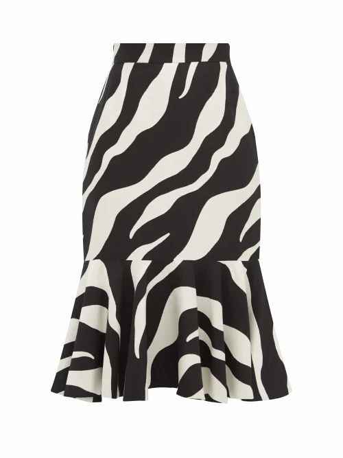 Elzinga - Zebra-jacquard Peplum-hem Midi Skirt - Womens - Black White