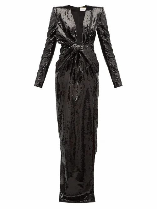 Saint Laurent - Bow Plunge-neck Sequinned Gown - Womens - Black