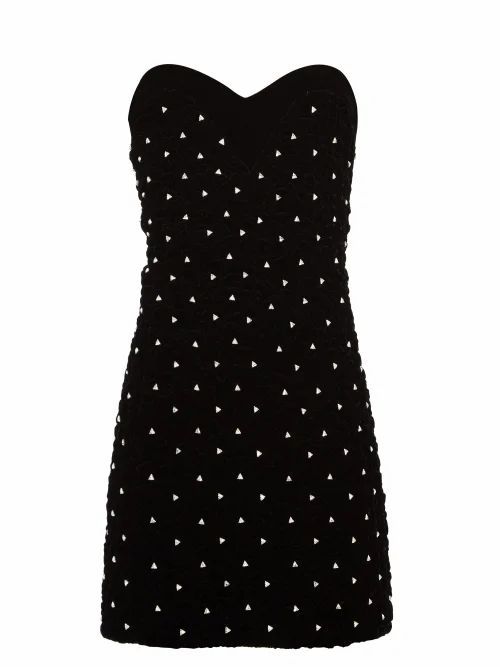 Saint Laurent - Crystal-embellished Smocked-velvet Mini Dress - Womens - Black