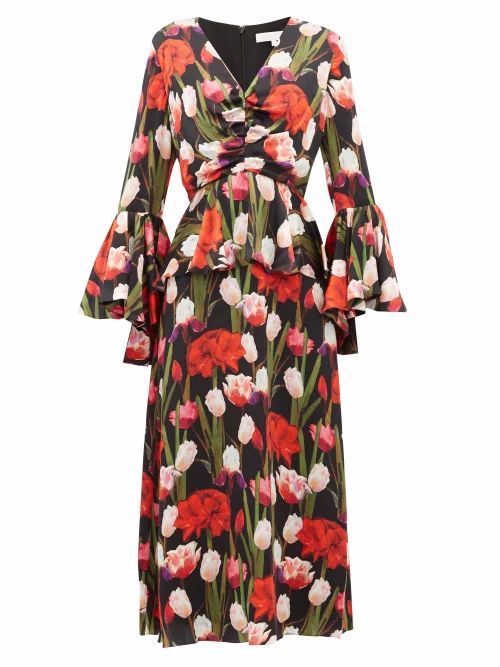 Serafina Tulip-print Silk-cloqué Midi Dress - Womens - Black Multi