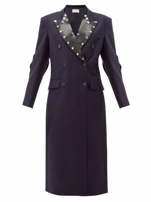 Latex-panel Double-breasted Wool Coat - Womens - Navy