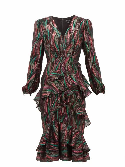 Saloni - Alya Ruffled Metallic-jacquard Dress - Womens - Black Multi