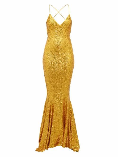 Fishtail-hem Sequinned Jersey Maxi Dress - Womens - Gold