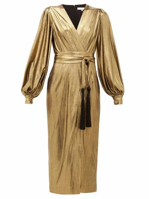 Borgo De Nor - Sofi Tasselled Waist-tie Lamé Midi Dress - Womens - Gold