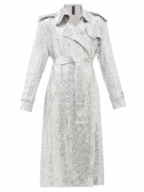 Norma Kamali - Sequinned Double-breasted Trench Coat - Womens - Silver