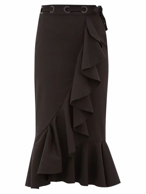 Johanna Ortiz - Asymmetric Ruffled Cotton-blend Midi Skirt - Womens - Black