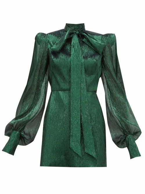 The Vampire's Wife - The Pussybow Plissé Silk-blend Lamé Mini Dress - Womens - Dark Green