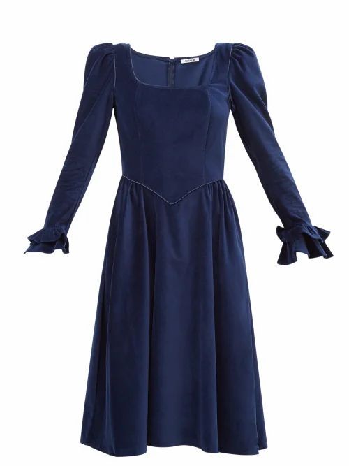 Batsheva - Puff-sleeved Square-neckline Velvet Dress - Womens - Navy