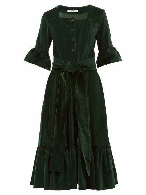 Batsheva - Ruffled Square-neck Cotton-velvet Midi Dress - Womens - Green