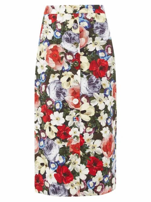 Erdem - Gainor Floral-print Button-down Cotton-blend Skirt - Womens - Black Multi