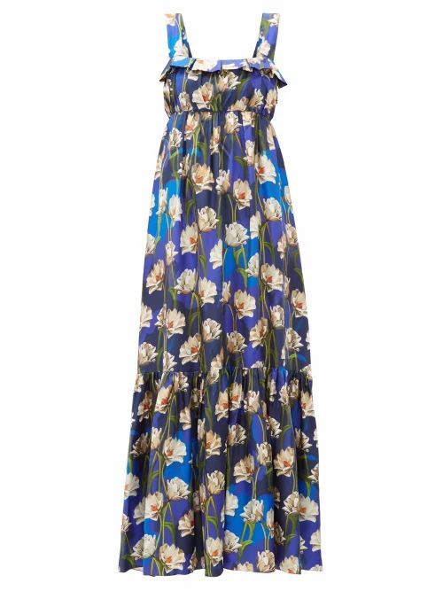 Borgo De Nor - Amina Floral-print Silk-twill Maxi Dress - Womens - Navy Multi