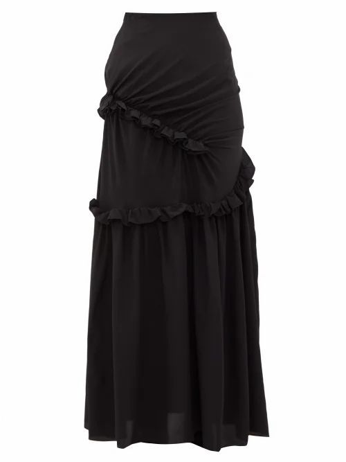 Preen By Thornton Bregazzi - Pheodora Ruffle-trim Silk Crepe De Chine Skirt - Womens - Black