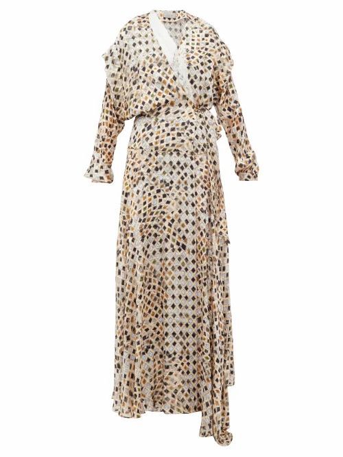 Pura Kyoto Woodblock-print Fil-coupé Wrap Dress - Womens - Ivory Multi