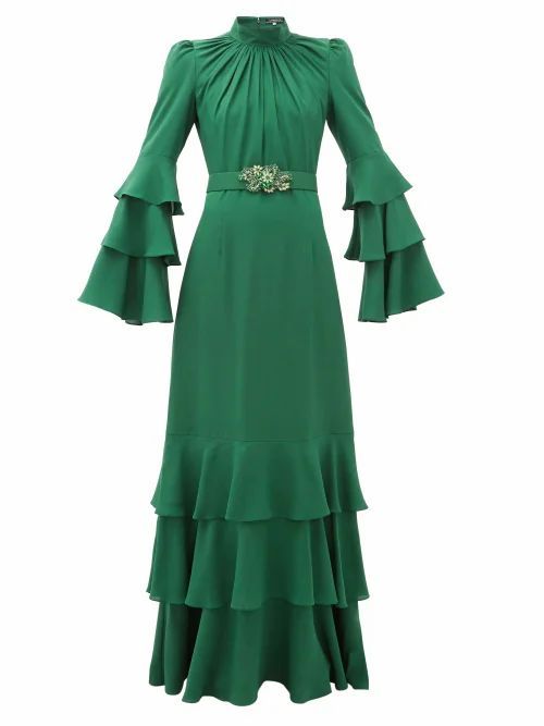 Andrew Gn - Gathered-neck Belted Silk-crepe Gown - Womens - Dark Green