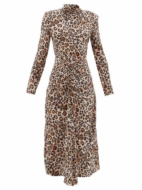 Raey - Exaggerated-shoulder Leopard-print Silk Dress - Womens - Brown Print