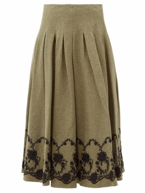 Brock Collection - Floral-embroidered Tweed Midi Skirt - Womens - Khaki