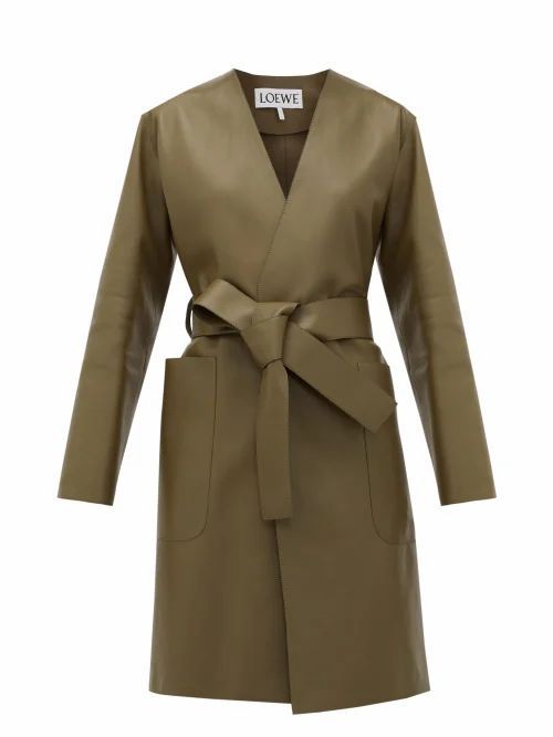 Loewe - V-neck Belted Leather Coat - Womens - Khaki