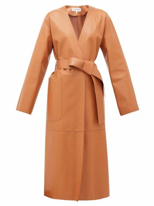 Loewe - Collarless Belted Leather Coat - Womens - Tan