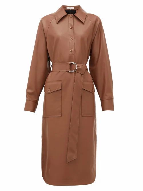 Tibi - Belted Faux Leather Shirt Dress - Womens - Brown