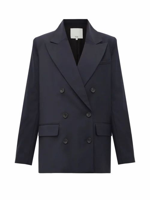 Tibi - Curved-hem Double-breasted Jacket - Womens - Navy