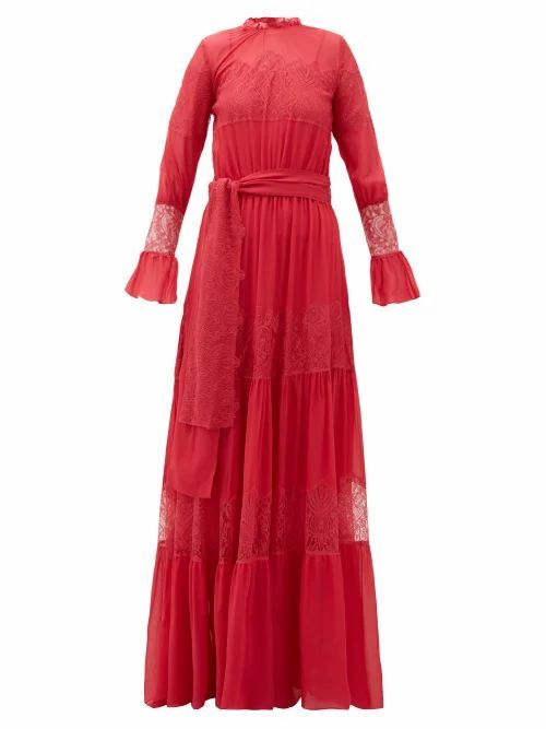 Lace-panelled Tiered Chiffon Gown - Womens - Pink