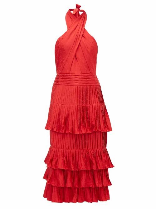Eccentric Vibes Halterneck Jacquard Midi Dress - Womens - Red