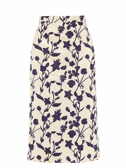 Brock Collection - Floral-embroidered Shantung Pencil Skirt - Womens - Ivory Multi
