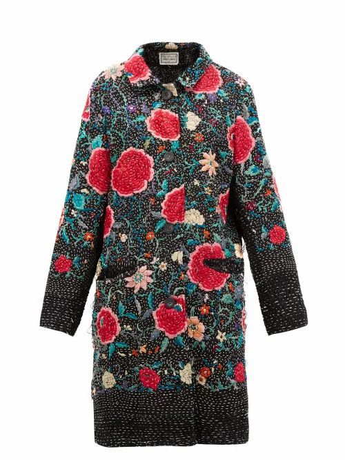 By Walid - Zosia Floral-embroidered Cotton And Silk Coat - Womens - Black Red