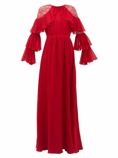 Giambattista Valli - Ruffled Lace-trimmed Silk-georgette Gown - Womens - Red