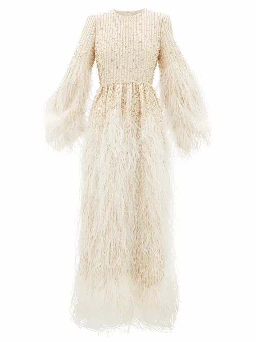 Feather-trimmed Beaded Wool-blend Gown - Womens - Ivory Multi