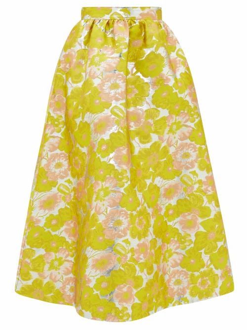 MSGM - Floral-brocade High-rise Midi Skirt - Womens - Yellow