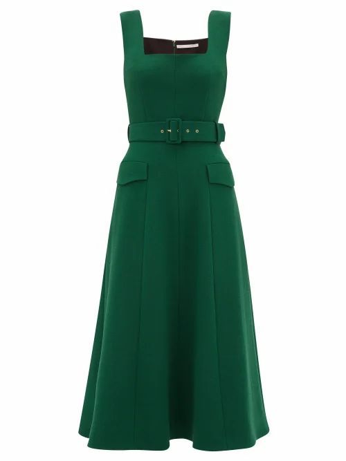 Emilia Wickstead - Petra Belted Wool-crepe Midi Dress - Womens - Dark Green