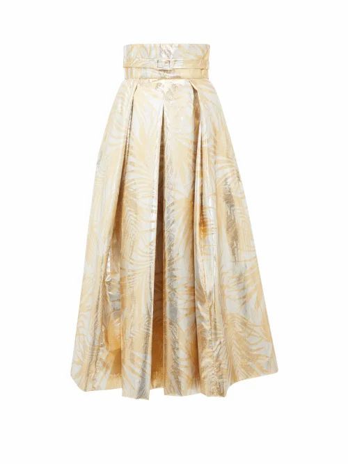 Sara Battaglia - Belted High-rise Palm-leaf Brocade Midi Skirt - Womens - Gold Multi
