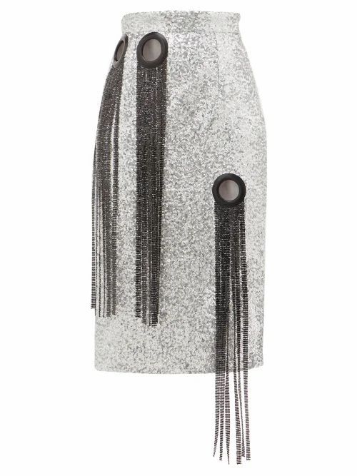 Germanier - Chainmail-tassel Sequinned Pencil Skirt - Womens - Silver