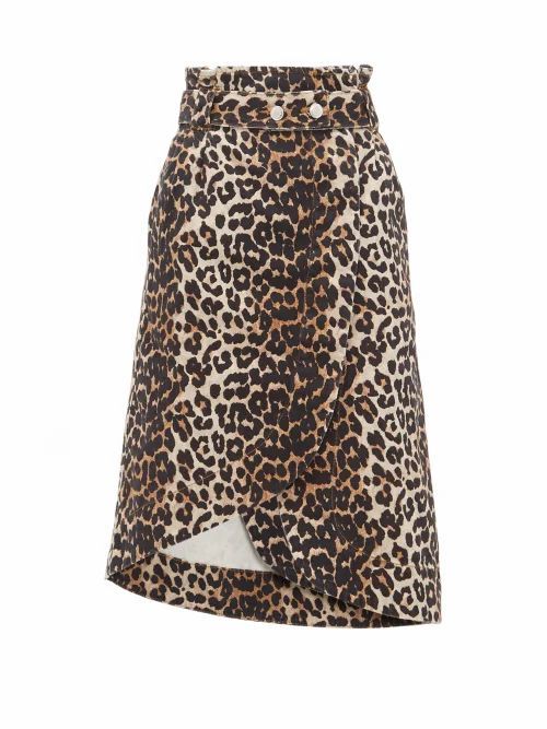 Ganni - Leopard-print Cotton-denim Wrap Skirt - Womens - Leopard