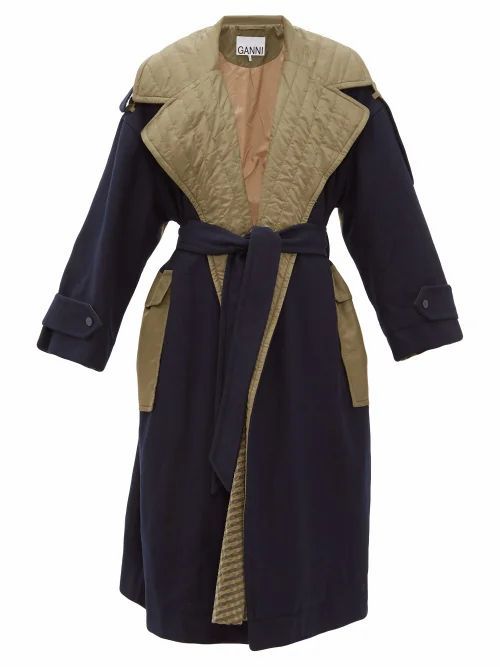 Ganni - Belted Bi-colour Wool-blend Coat - Womens - Khaki Multi